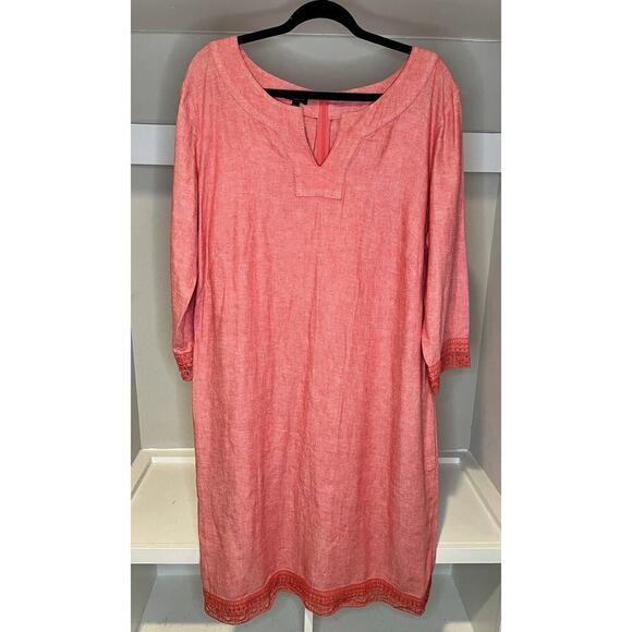 Talbots Women’s Linen Blend Tunic Dress 16W Pink 3/4 Sleeve Crochet Trim - Picture 1 of 9